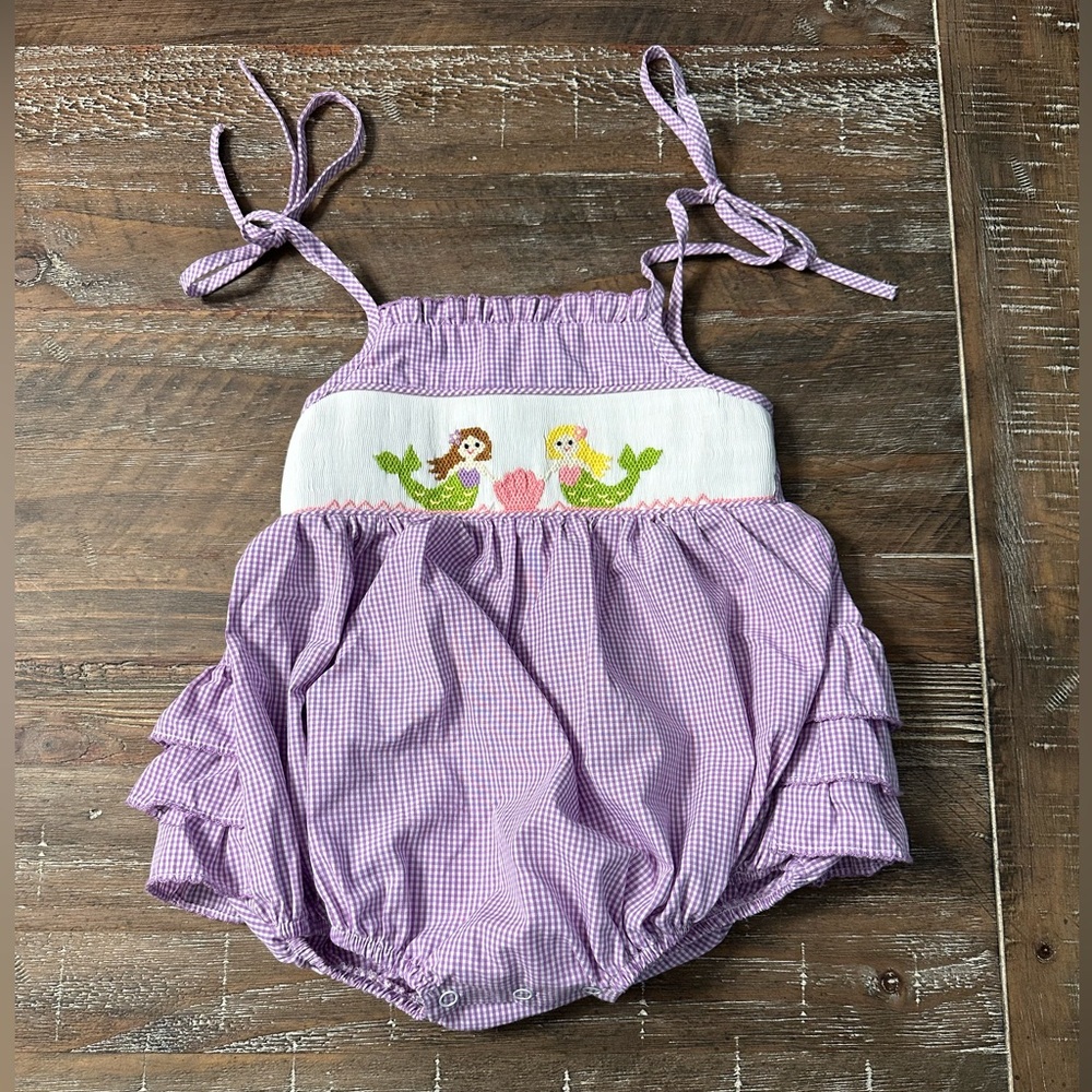 Purple Gingham Mermaid Smocked Baby One-Piece